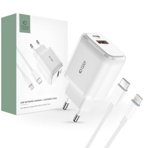 TECH-PROTECT C20W 2-PORT NETWORK CHARGER PD20W/QC3.0 + LIGHTNING CABLE WHITE TECH-PROTECT C20W 2-PORT NETWORK CHARGER PD20W/QC3.0 + LIGHTNING CABLE WHITE