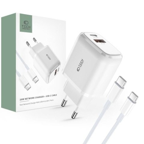 TECH-PROTECT C20W 2-PORT NETWORK CHARGER PD20W/QC3.0 + TYPE-C CABLE WHITE TECH-PROTECT C20W 2-PORT NETWORK CHARGER PD20W/QC3.0 + TYPE-C CABLE WHITE