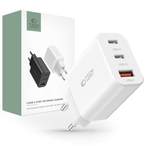 TECH-PROTECT NC30W 3-PORT NETWORK CHARGER PD30W/QC3.0 WHITE TECH-PROTECT NC30W 3-PORT NETWORK CHARGER PD30W/QC3.0 WHITE