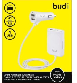 Budi - Ładowarka samochodowa 4x USB, 41W + rozdzielacz na kablu 1,8m (Biały)