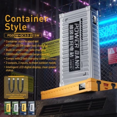 WEKOME WP-341 Container Series - Power bank 20000 mAh Super Charging z wbudowanym kablem USB-C & Lightning PD 20W + QC 22.5W (Żó WEKOME WP-341 Container Series - Power bank 20000 mAh Super Charging z wbudowanym kablem USB-C & Lightning PD 20W + QC 22.5W (Żó