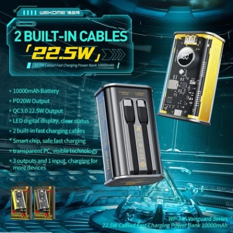 WEKOME WP-345 Vanguard Series - Power bank 10000 mAh Fast Charging z wbudowanym kablem USB-C & Lightning PD 20W + QC 22.5W (Czar WEKOME WP-345 Vanguard Series - Power bank 10000 mAh Fast Charging z wbudowanym kablem USB-C & Lightning PD 20W + QC 22.5W (Czar