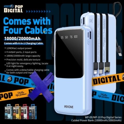 WEKOME WP-10 Pop Digital Series - Power bank 20000 mAh z wbudowanym kablem USB-C / Lightning / Micro USB / USB-A (Biały) WEKOME WP-10 Pop Digital Series - Power bank 20000 mAh z wbudowanym kablem USB-C / Lightning / Micro USB / USB-A (Biały)
